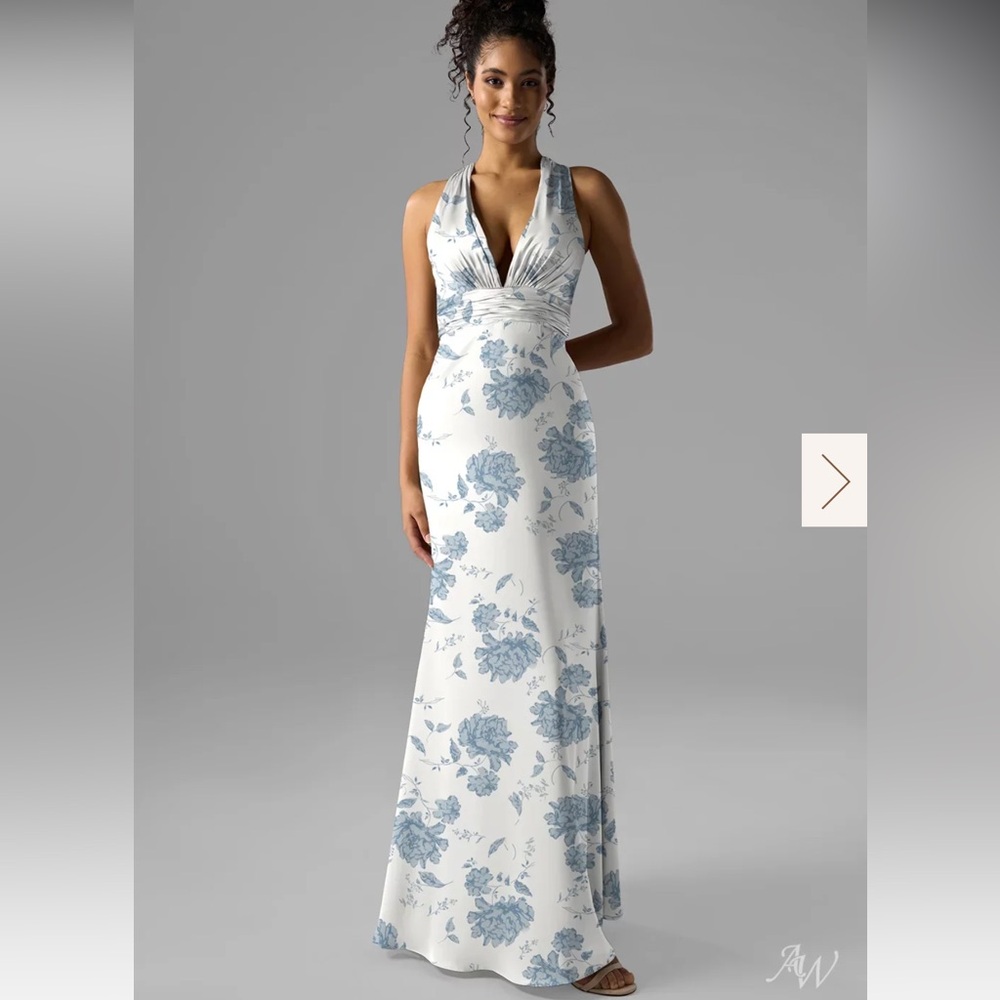 New AW Bridal Erika Satin  Dusty Blue Peonies Maxi 8